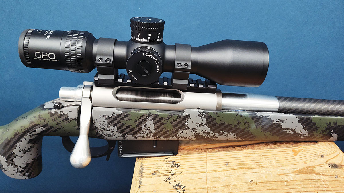At the time of this writing Pacific Tool & Gauge is the only company I am aware of that offers carbon-fiber-wrapped bolts – a one-of-a-kind aspect to this custom rifle. The GPO Centuri Compact 4-16x 44mm  optic aided in keeping the weight of this rifle down.